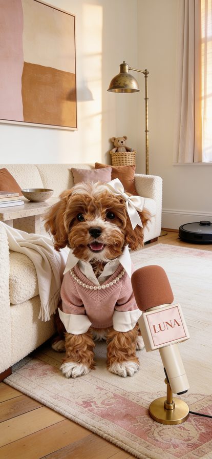 Luna in a blush cable knit with pearls, seated at the threshold of the hall — The Position