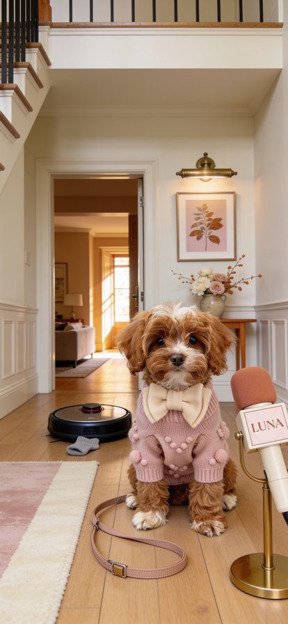 Luna in a blush pom sweater in the hallway, a leash on the floor — The Sock