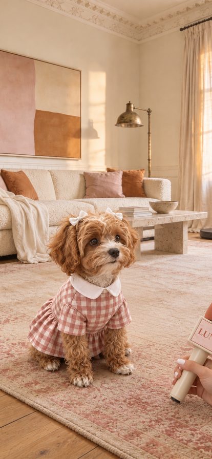 Luna in a dusty-pink gingham dress in the living room — The Machines