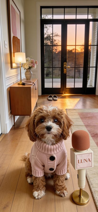 Luna in a soft pink knit by the front door at dusk — The Night Round