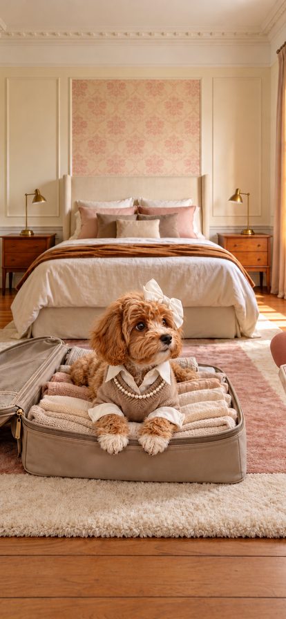 Luna sitting inside an open suitcase on the bed — The Zipper