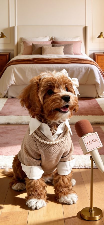 Luna in a camel vest over a white collar, in the bedroom — The Inventory