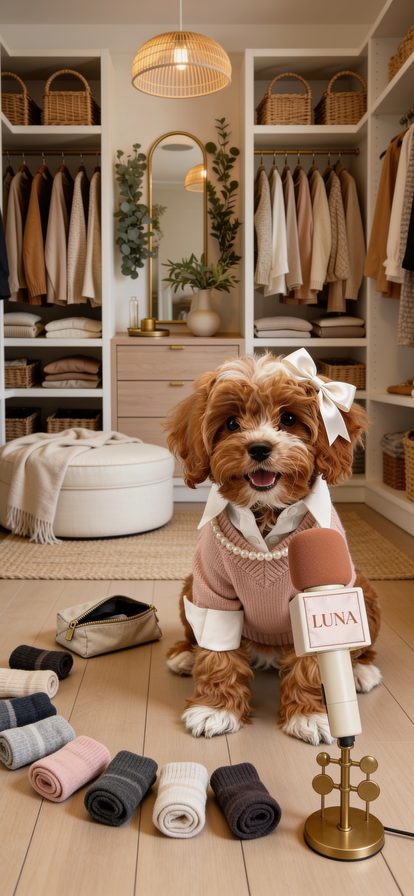 Luna in the closet with rolled socks laid out for review — The Packing Cube