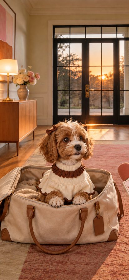 Luna the Cavapoo, a small apricot dog in an ivory smocked dress, sitting inside a travel bag by the front door.