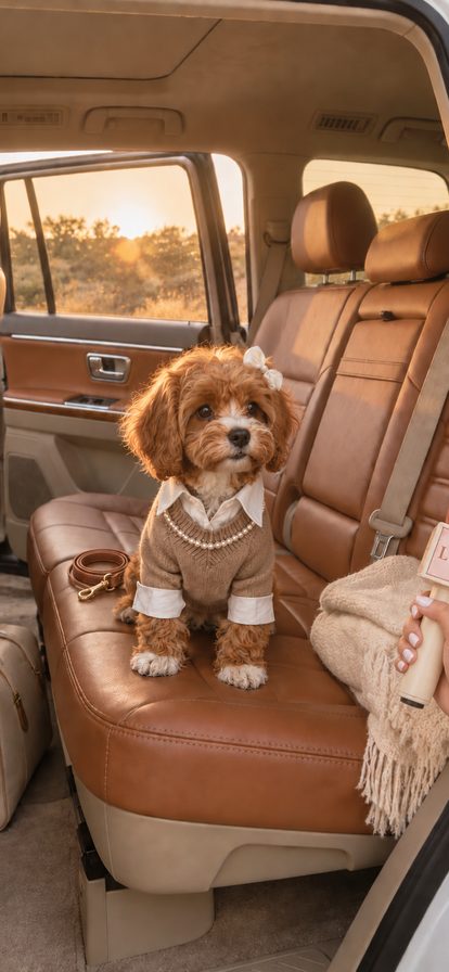 Luna in a camel collar on the back seat of the car — The Car Door